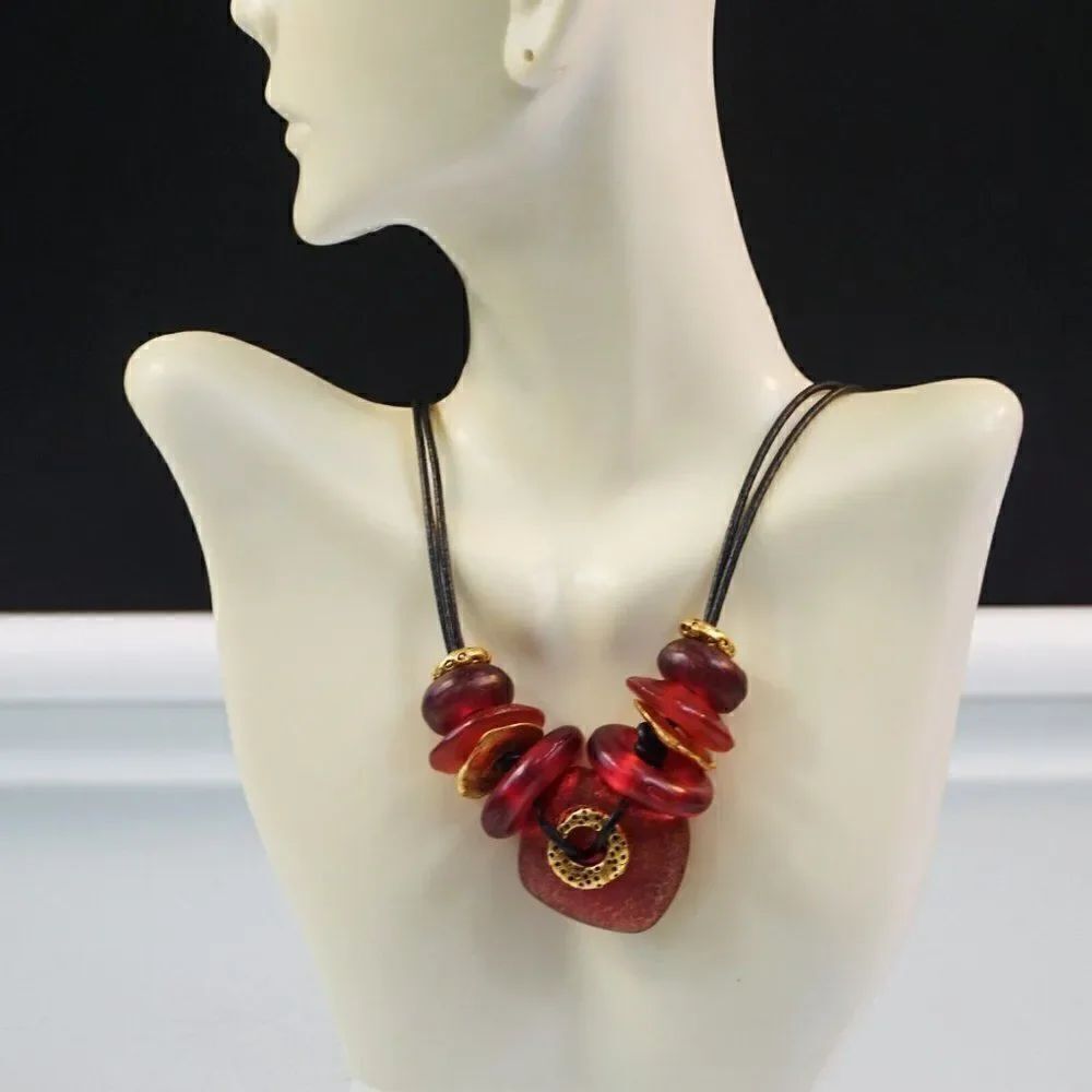 Beaded Statement Necklace Brass Nuggets Polished Donut Beads Leather Cord